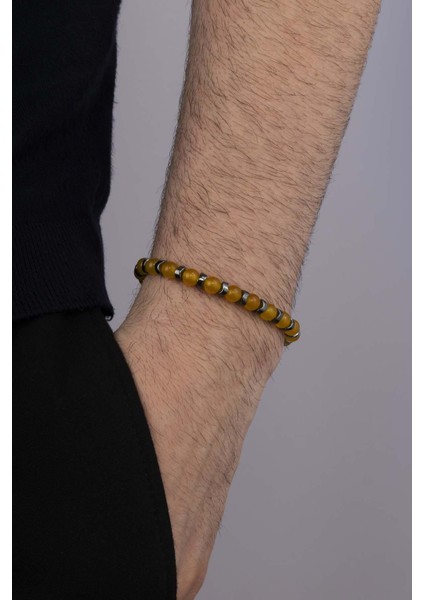 Hematit Geçişli Yuvarlak Kesim Sarı Ceyt Taşı Erkek Bileklik modelleri