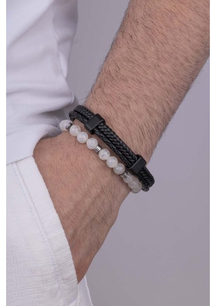 Tibet Akik Taşı Bileklik Çift Sıra Örgü Model Deri Erkek Bileklik Kombini