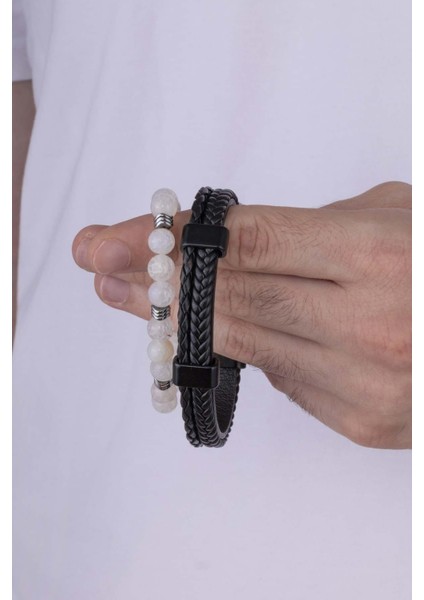 Tibet Akik Taşı Bileklik Çift Sıra Örgü Model Deri Erkek Bileklik Kombini modelleri