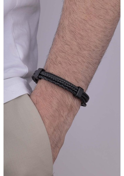 Örgü Model Çift Sıra Siyah Erkek Deri Bileklik