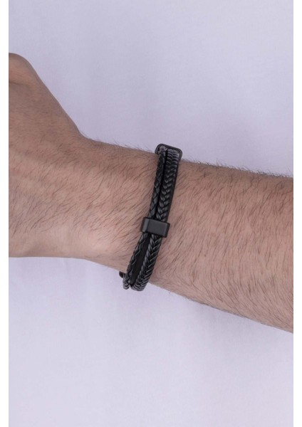 Örgü Model Çift Sıra Siyah Erkek Deri Bileklik fiyatları