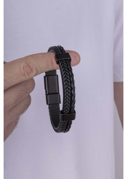 Örgü Model Çift Sıra Siyah Erkek Deri Bileklik modelleri