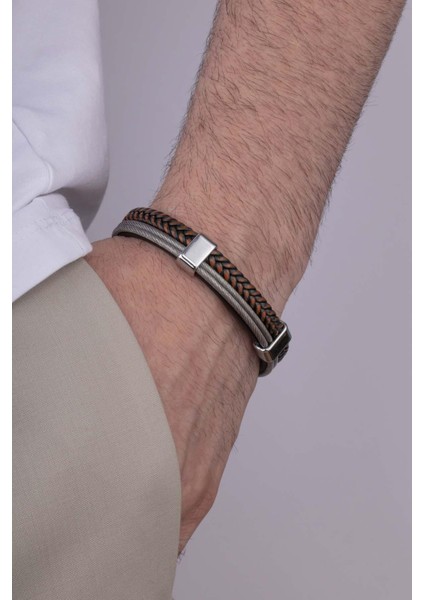 Çift Renk Örgü Model Gri Geçişli Erkek Deri Bileklik