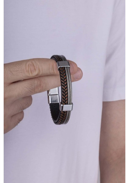Çift Renk Örgü Model Gri Geçişli Erkek Deri Bileklik modelleri