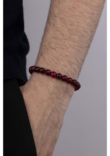 Bordo Renkli Yuvarlak Kesim Ceyt Taşı Erkek Bileklik