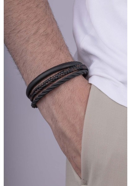 3 Parça Örgü Modelli Kahverengi Detaylı Erkek Deri Bileklik