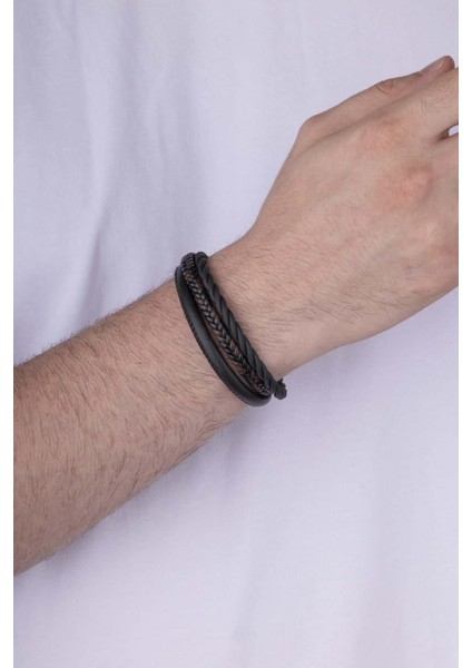 3 Parça Örgü Modelli Kahverengi Detaylı Erkek Deri Bileklik fiyatları