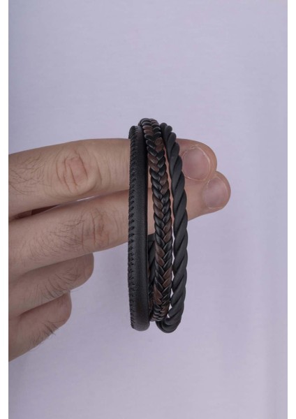 3 Parça Örgü Modelli Kahverengi Detaylı Erkek Deri Bileklik modelleri