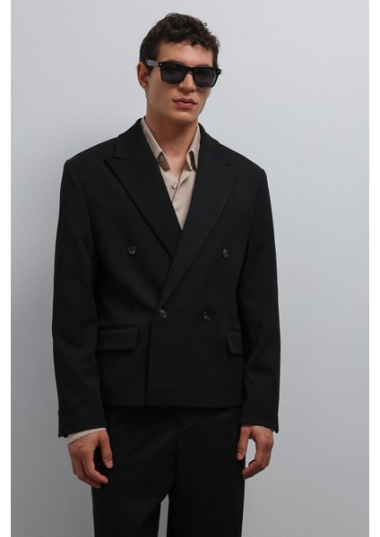 Siyah Kruvaze Relax Crop Fit Blazer Ceket
