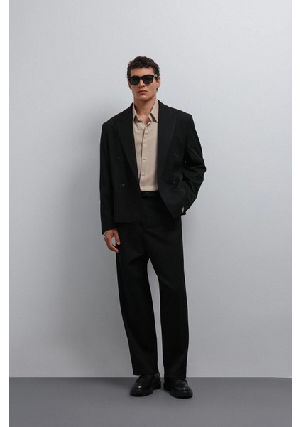 Siyah Kruvaze Relax Crop Fit Blazer Ceket