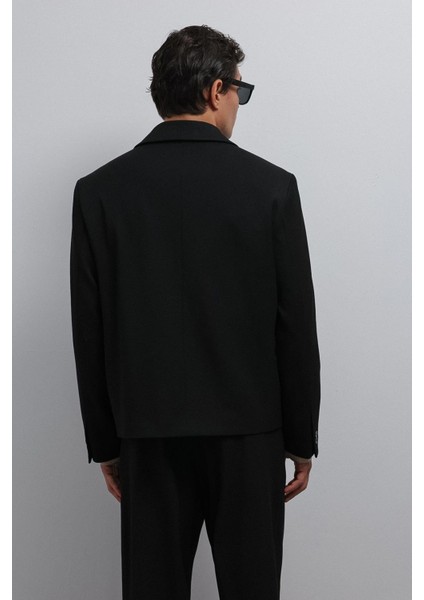 Siyah Kruvaze Relax Crop Fit Blazer Ceket