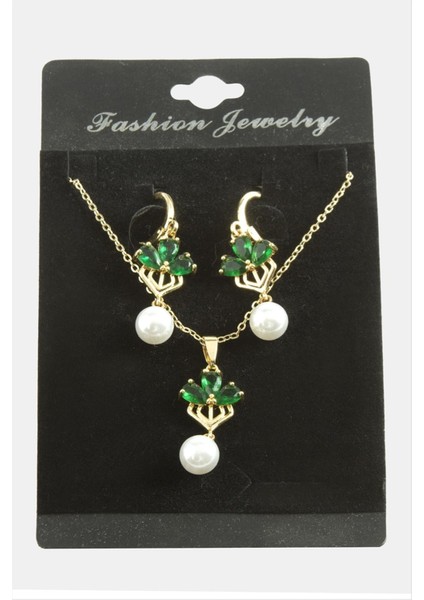 Allzey Çiçek Inci Zirkon Taşlı Set Kolye-Yeşil