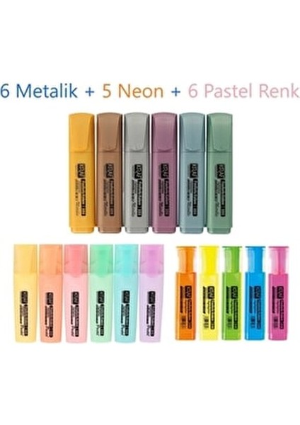 Fosforlu Kalem Seti 17 Renk 6 Metalik 6 Pastel 5 Neon Ergonomik Tasarım fiyatları
