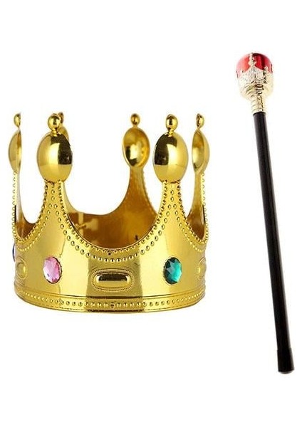 Çocuk Boy Altın Renk Kral Tacı ve Kırmızı Topuzlu Kral Asası modelleri