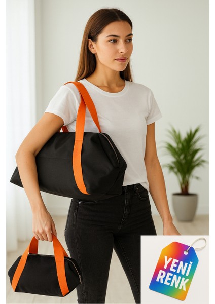 Harbor&co. Siyah Krinkıl Kumaş Askılı Spor Çanta & Mini Çanta Seti – Şık Seyahat Spor Omuz Çanta