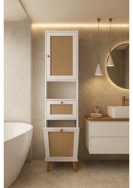 Luna Beyaz 197CM Iskandinav Jüt Kumaşlı %100 Mdf Çamaşır Sepetli Banyo Dolabı Y197XG47XD35