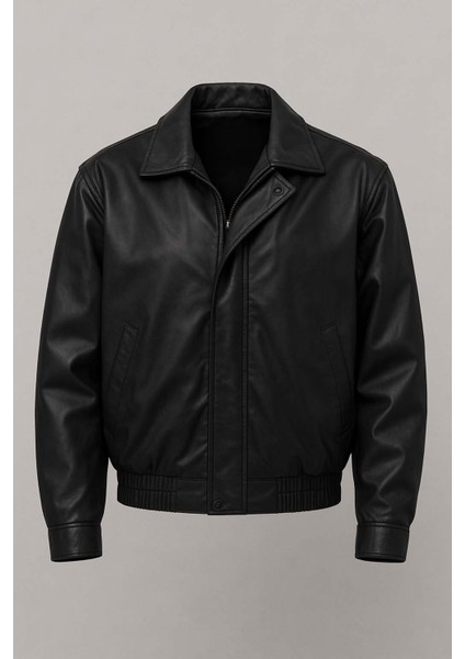 Bomber Oversize Kalıp Deri Görünümlü Yan Cepli Erkek Ceket - Siyah