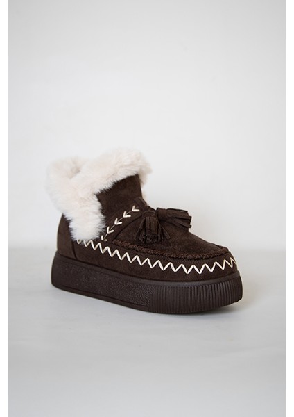 219851142-10P Kadın Yumuşak Rahat Kürklü Bot - Tekstil Süet Kışlık Kahve Bot fiyatları