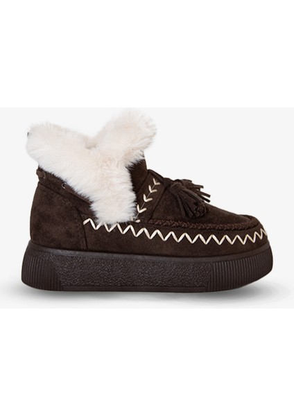 219851142-10P Kadın Yumuşak Rahat Kürklü Bot - Tekstil Süet Kışlık Kahve Bot modelleri
