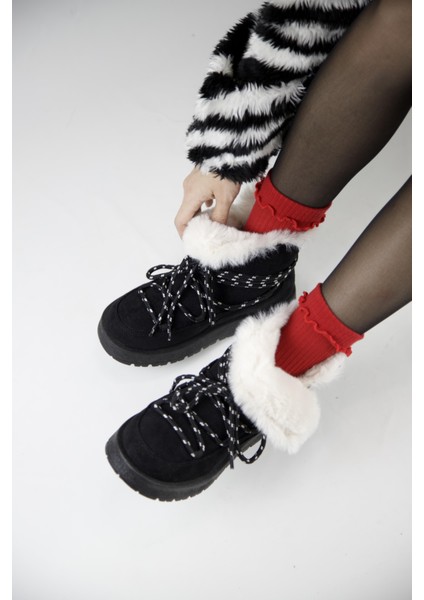 219851141-1 Kadın Yumuşak Rahat Kürklü Bot - Tekstil Süet Kışlık Siyah Bot