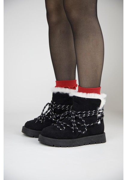 219851141-1 Kadın Yumuşak Rahat Kürklü Bot - Tekstil Süet Kışlık Siyah Bot modelleri