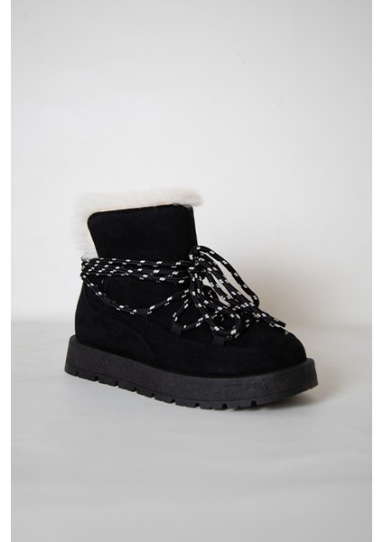 219851141-1 Kadın Yumuşak Rahat Kürklü Bot - Tekstil Süet Kışlık Siyah Bot