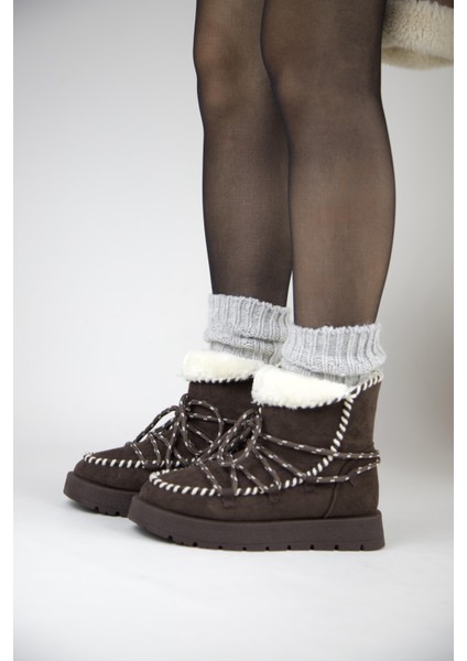 219851141-10S Kadın Yumuşak Rahat Kürklü Bot - Tekstil Süet Kışlık Kahve Bot