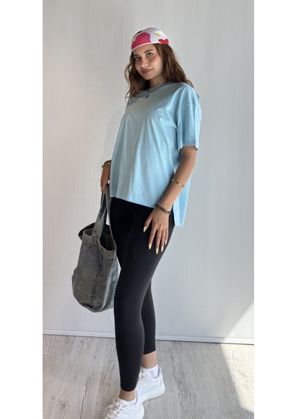 Kadın Bisiklet Yaka Kısa Kollu Oversize Basic Tişört fırsatları