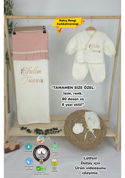 Müslin Yeni Doğan 4katlı Organik %100PAMUK Kişiye Özgü Nakışlı Hastane Çıkış Seti (Papatya Model-6)