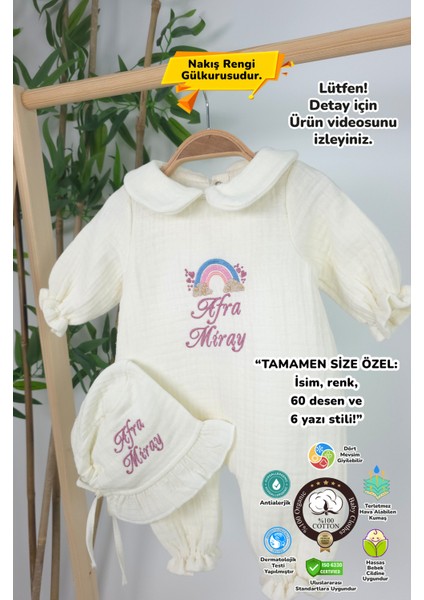 Müslin Yeni Doğan 4 Katlı Organik %100PAMUK Kişiye Özgü Nakışlı Hastane Çıkış Seti-Pudra Gökkuşağı