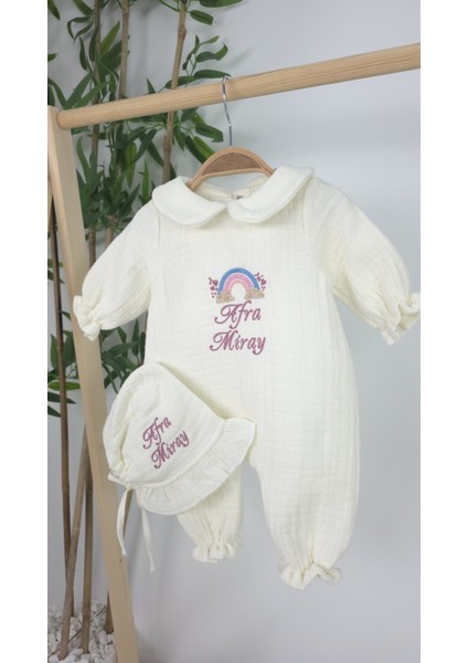 Müslin Yeni Doğan 4 Katlı Organik %100PAMUK Kişiye Özgü Nakışlı Hastane Çıkış Seti-Pudra Gökkuşağı fiyatları