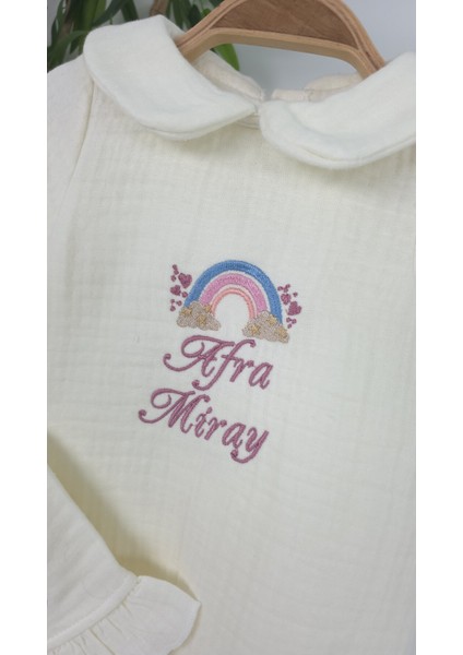 Müslin Yeni Doğan 4 Katlı Organik %100PAMUK Kişiye Özgü Nakışlı Hastane Çıkış Seti-Pudra Gökkuşağı modelleri