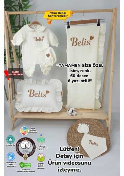 Müslin Yeni Doğan 4katlı Organik %100PAMUK Kişiye Özgü Nakışlı Hastane Çıkış Seti-Kahverengi Kalpli