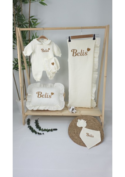 Müslin Yeni Doğan 4katlı Organik %100PAMUK Kişiye Özgü Nakışlı Hastane Çıkış Seti-Kahverengi Kalpli fiyatları