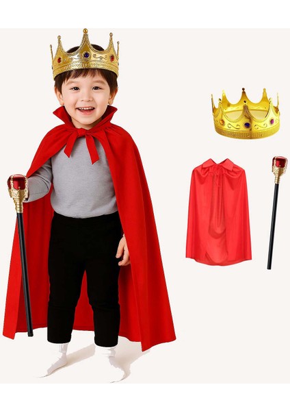 Çocuk Kral Kostüm Seti – Kırmızı Pelerin, Taç ve Asa (90 Cm)
