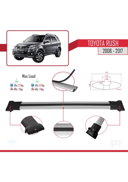Toyota Rush 2006-2017 Arası ile Uyumlu Fly Model Ara Atkı Tavan Barı Gri 3 Adet modelleri
