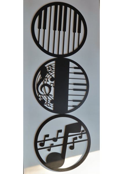 3'lü Nota Detaylı Piyano Müzik Ahşap Siyah Duvar Dekoru Müzik Duvar Süsü