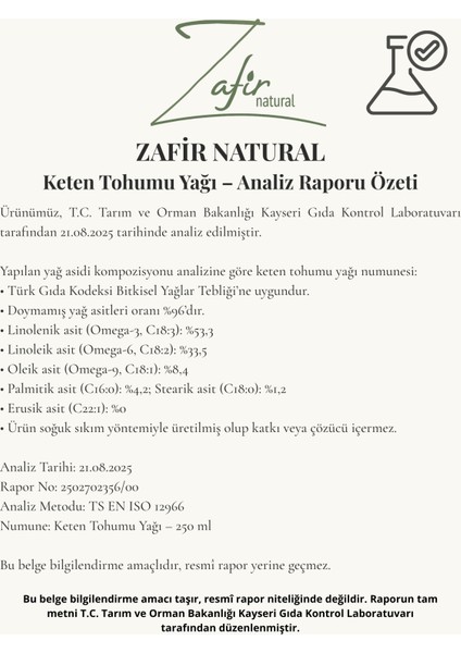 Soğuk Sıkım Keten Tohumu Yağı %100 Doğal 250 mL