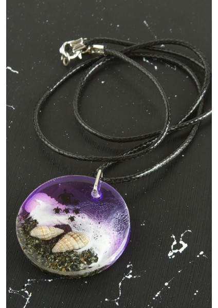 Ds-Derin Kaplumbağa Deniz Efektli Epoksi Kolye-Mor