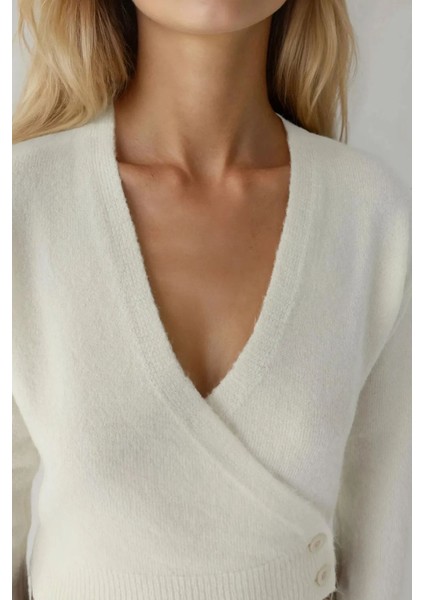 Kadın V Yaka Düğmeli Kruvaze Triko Kazak Natural