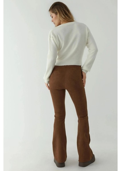 Kadın V Yaka Düğmeli Kruvaze Triko Kazak Natural