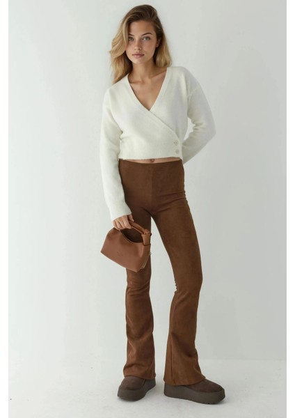 Kadın V Yaka Düğmeli Kruvaze Triko Kazak Natural