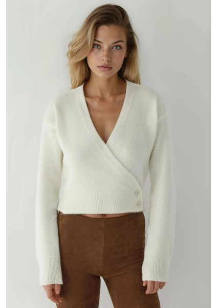 Kadın V Yaka Düğmeli Kruvaze Triko Kazak Natural