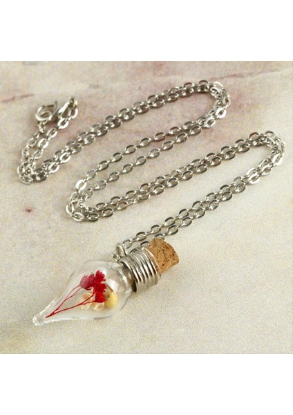 Ds-Derin Çiçek Fanus Canlı Kolye-Gümüş Rengi