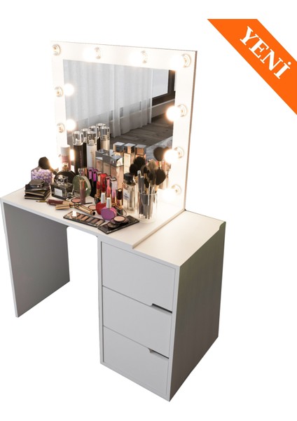 Modena Hollywood Işıklı Aynalı Çekmeceli Makyaj Masası Beyaz