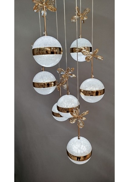 Şık Tarz Modern LED Avize Gold Ledli Salon Avizesi Kelebek Taşlı 7 Lı modelleri