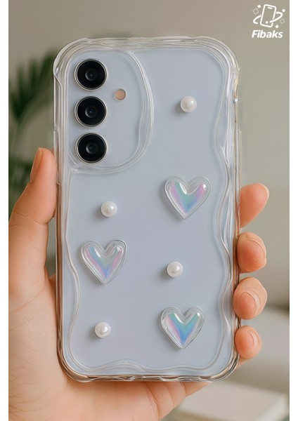 Samsung Galaxy A55 Kılıf 3D Kalpli Inci Tasarımlı Desenli Kamera Korumalı Şeffaf Silikon Kapak