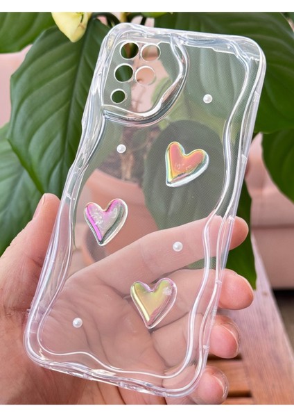 Samsung Galaxy A12/M12 Kılıf 3D Kalpli Inci Tasarımlı Desenli Kamera Korumalı Şeffaf Silikon Kapak modelleri