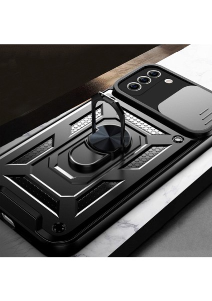 S21 Fe Uyumlu Kılıf Kamera Korumalı Sürgülü Yüzüklü Armor Military Tank Zırh