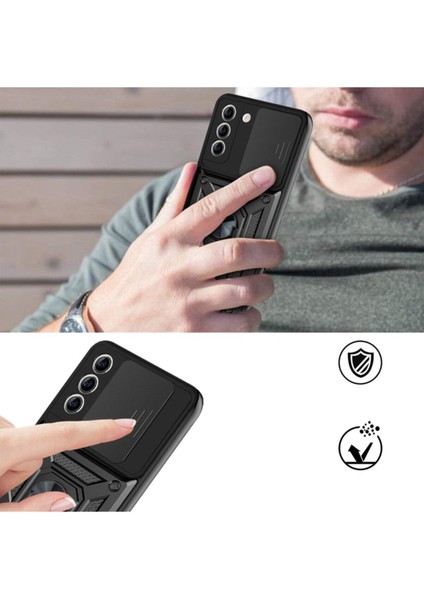 S21 Fe Uyumlu Kılıf Kamera Korumalı Sürgülü Yüzüklü Armor Military Tank Zırh